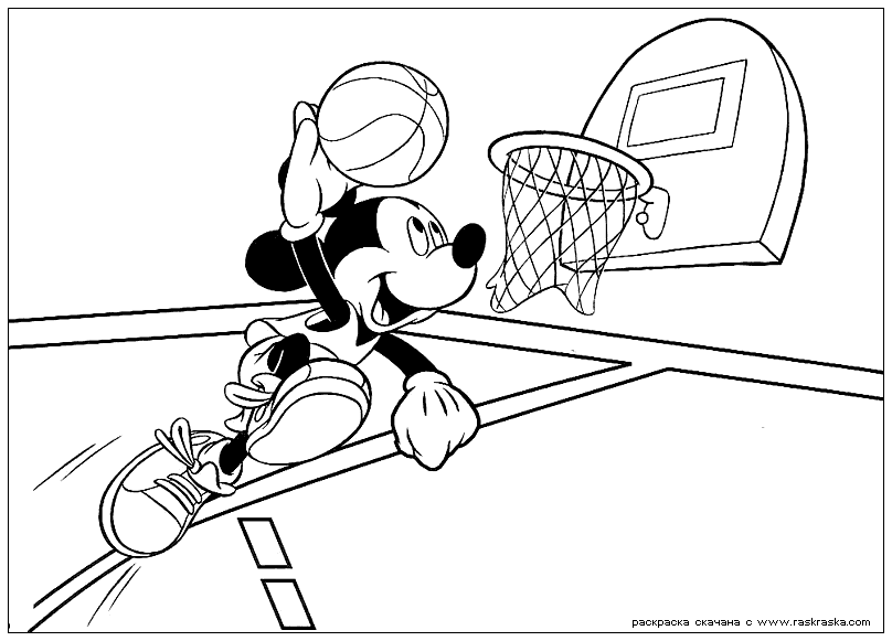 Розмальовки Баскетбол баскетбол, спорт, гра, м'яч, міккі, кільце