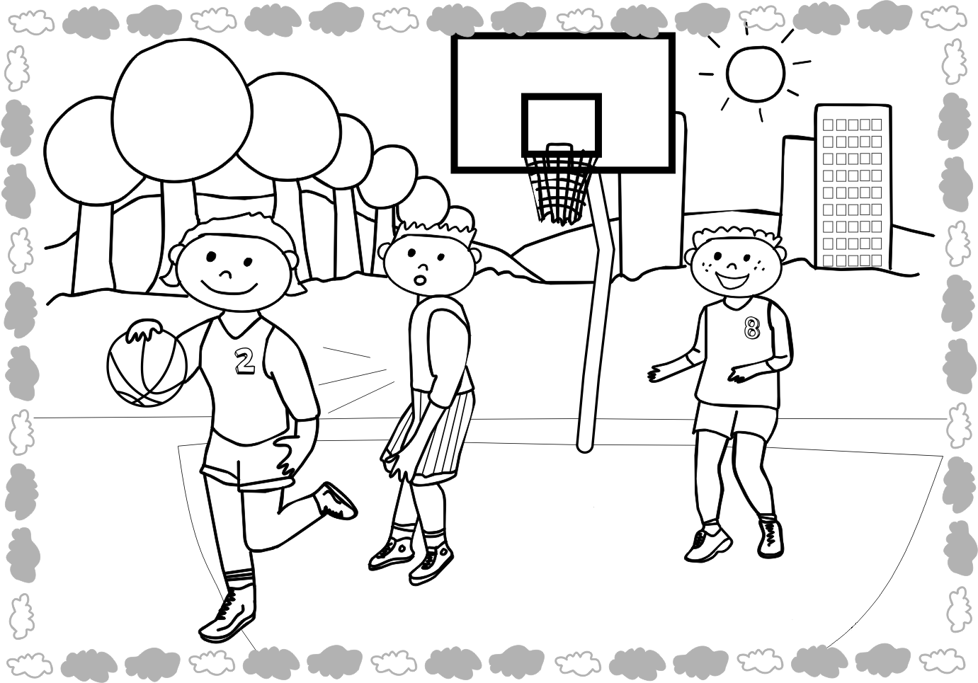 Розмальовки спорт хлопці, майданчик, сонце, місто, м'яч, баскетбол