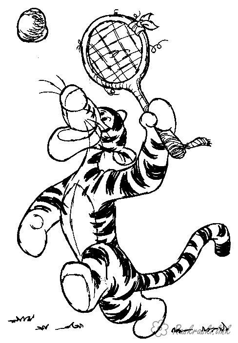 Раскраски Теннис тигр, теннис, спорт