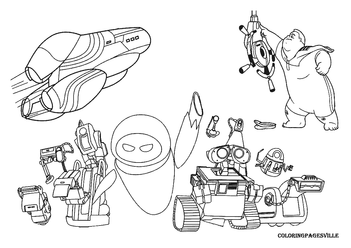 Розмальовки мультфільми ВАЛЛ-І, корабель, людина, робот