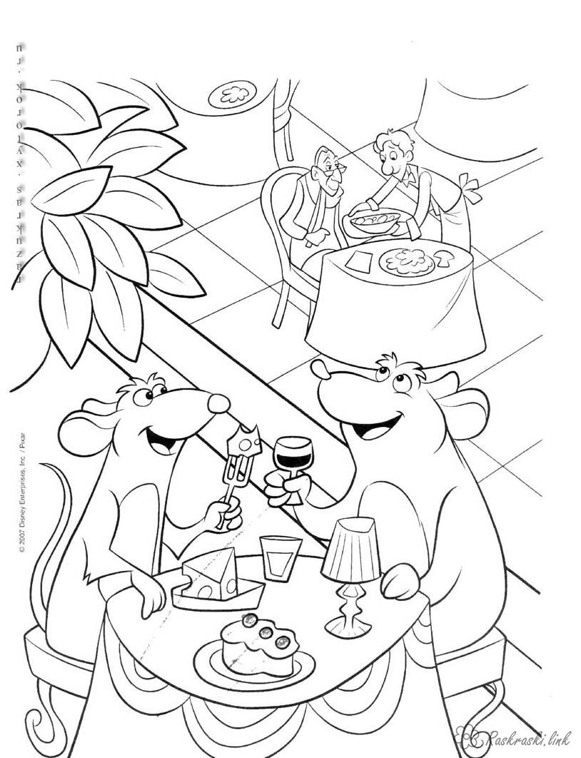 Coloring cartoons ratatouille, mouse, lunch