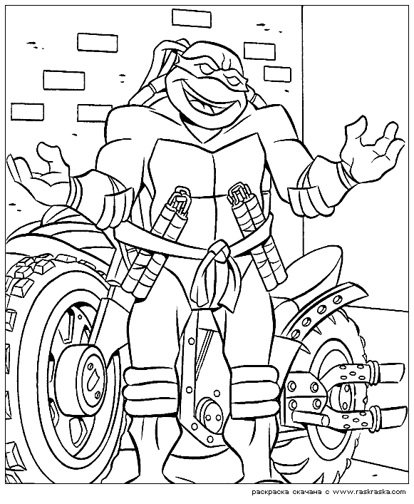 Розмальовки усміхнений усміхнений черепашка у мотоцикла