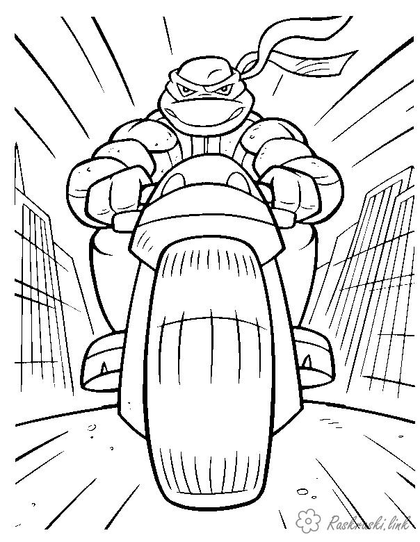 Розмальовки мультфільми черепашка ніндзя мчить на мотоциклі
