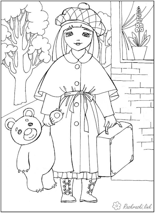 Розмальовки дівчинка дівчинки, дівчинка, чемодан, осінь, іграшка