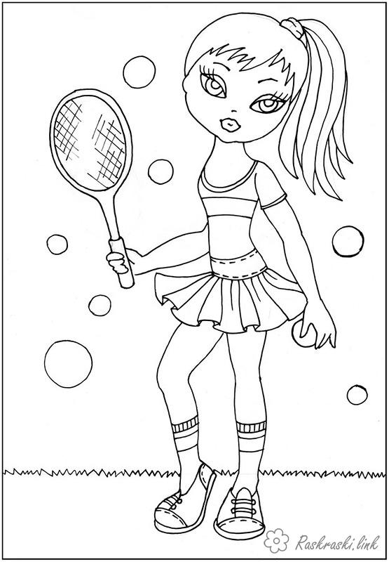 Розмальовки тенісистка дівчинки, дівчинка, теніс, ракетка