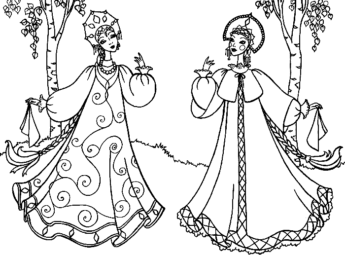 Розмальовки дівчатка дівчинка, дівчатка, наряд, костюм, російський народний костюм, берези