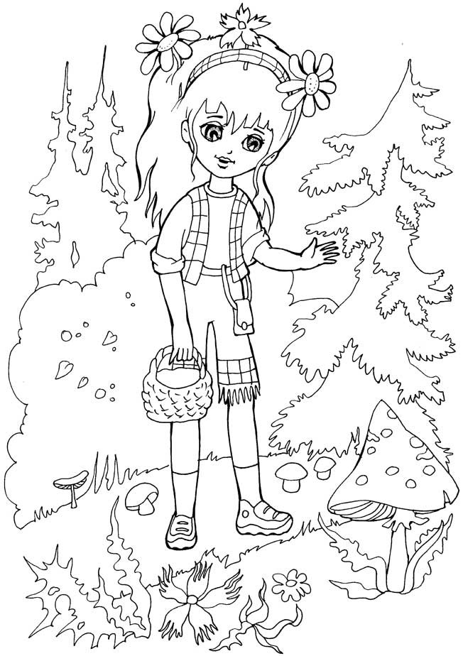 Розмальовки дівчинка Дівчаткам, дівчинка, ліс, відпочинок, літо, дерева, гриби, квіти, корзина
