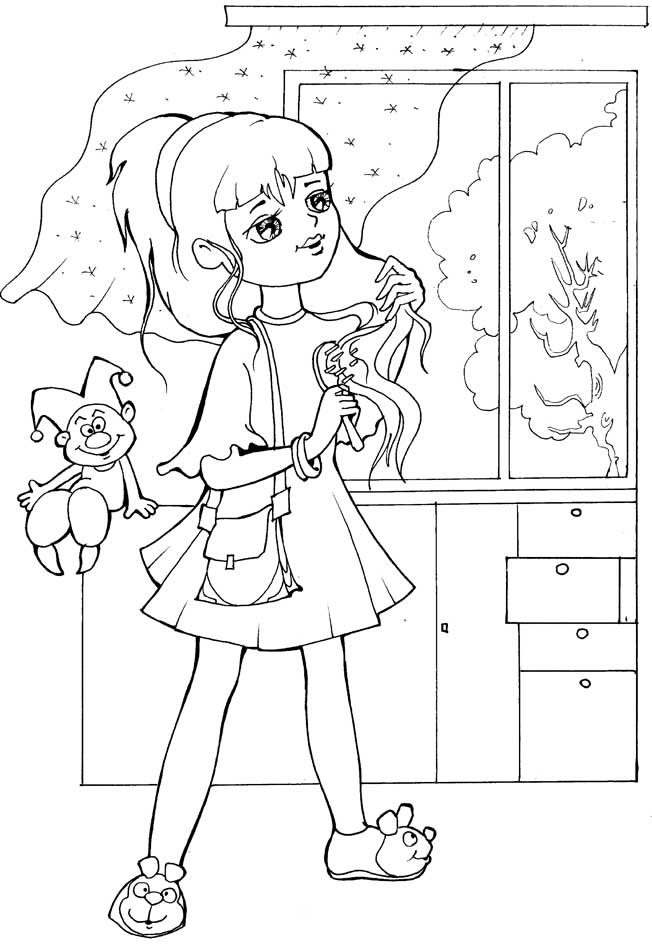 Розмальовки будинок Дівчаткам, дівчинка, будинок, іграшка, волосся, зачіска, гребінець, вікно, вітер