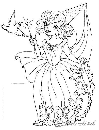 Розмальовки фея Дівчаткам, дівчинка, костюм, наряд, плаття, голуб, птиця