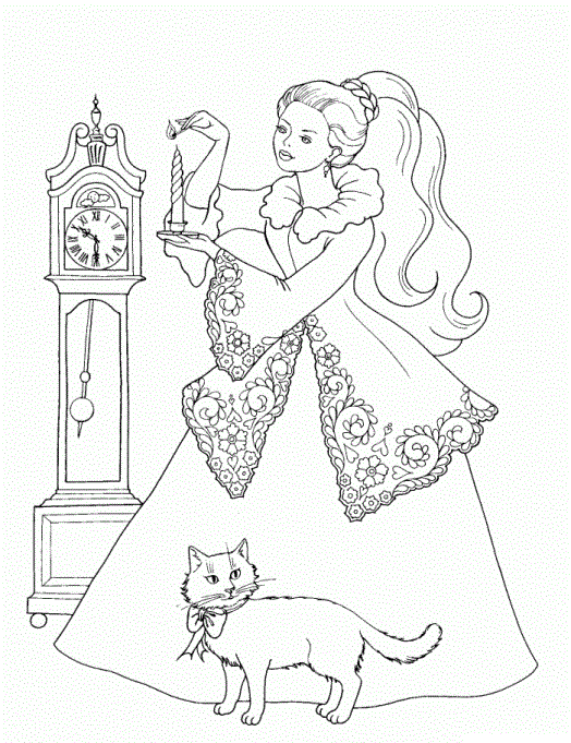 Розмальовки свічка Дівчаткам, дівчинка, годинники, кішка, свічка, вечір, плаття