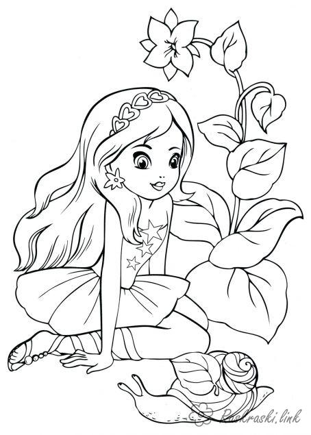 Розмальовки дівчинка Дівчаткам, дівчинка, равлик, рослини, літо