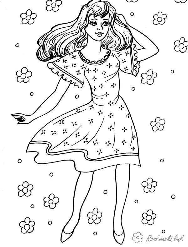 Розмальовки дівчинка Дівчаткам, дівчинка, плаття, квіти