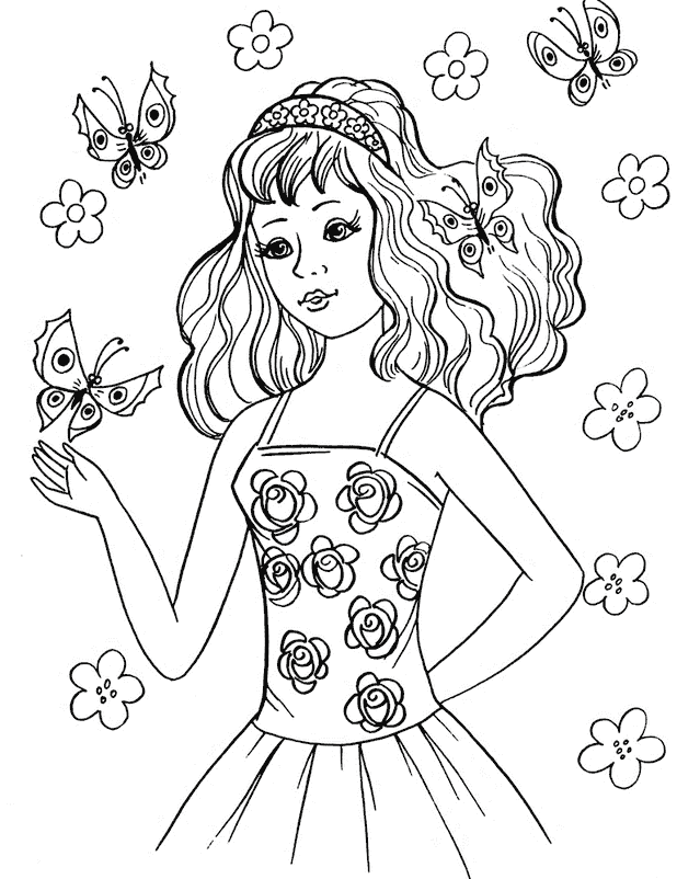 Розмальовки дівчинка Дівчаткам, дівчинка, плаття, літо, метелики
