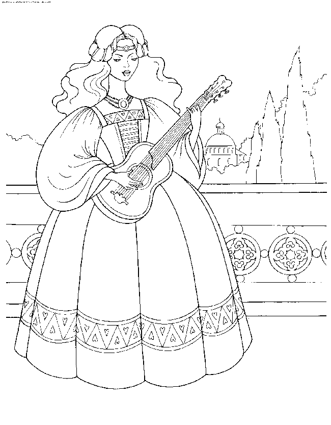 Розмальовки гітара Дівчаткам, дівчинка, музикант, плаття, наряд, гітара, саду