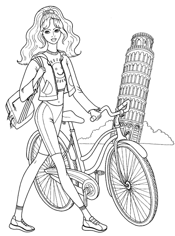Розмальовки Дівчаткам Дівчаткам, дівчинка, Рим, велосипед, Пізанська вежа