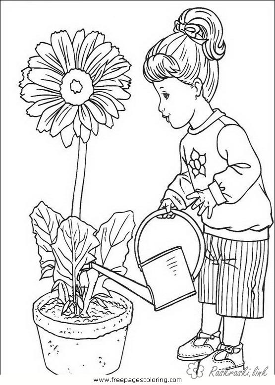 Розмальовки дівчинка Дівчаткам, дівчинка, квітка, лійка, полив, рослина