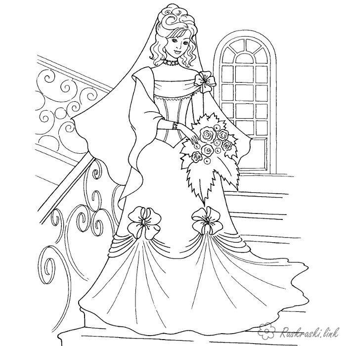 Розмальовки персонаж Дівчаткам, персонаж, сукня, наряд, квіти, сходи