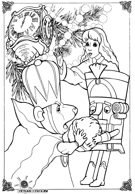 Розмальовки Радянські розмальовки Радянський мультфільм, лускунчик, дівчинка, ялинка, горіх, мишачий король