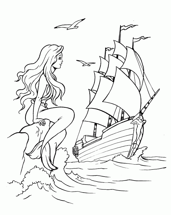 Розмальовки корабель Радянський мультфільм, русалочка, море, корабель, камені, скелі