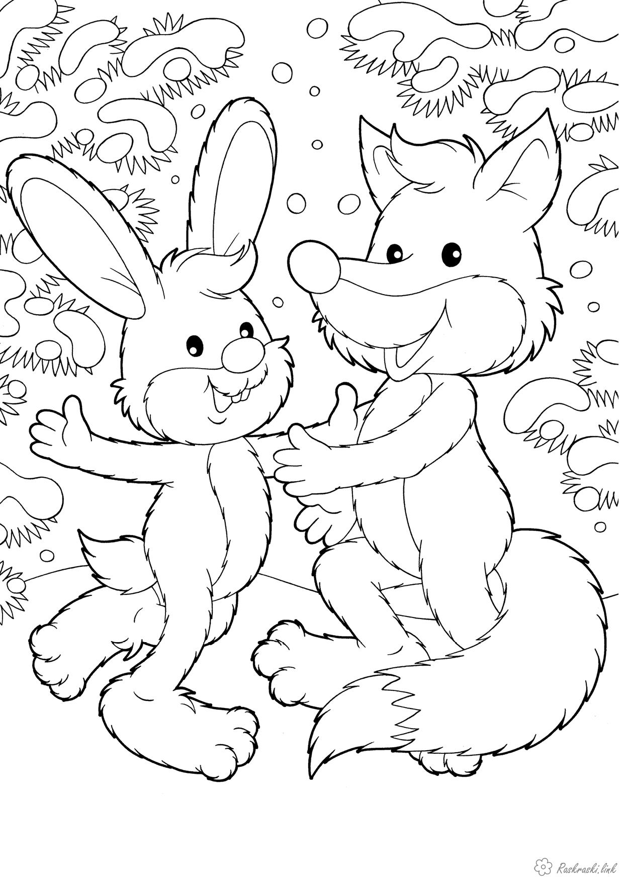 Розмальовки тварини заєць і лисиця