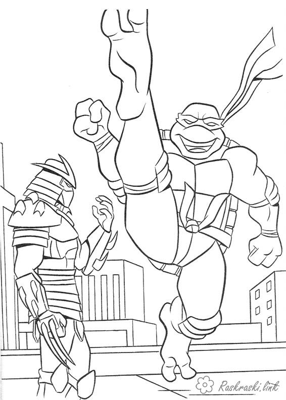 Розмальовки ninja черепашки ніндзя, розмальовки, розмальовки хлопчикам, teenage mutant ninja turtles, удар ногою, шреддер