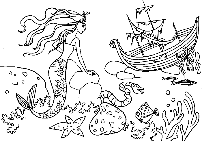Розмальовки природа Корабель і русалка