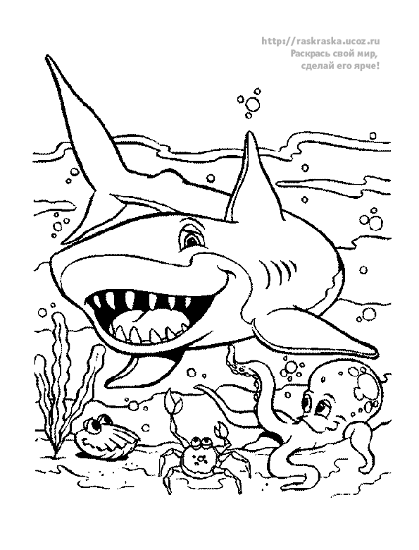 Раскраски Подводный мир природа подводный мир акула рыбки