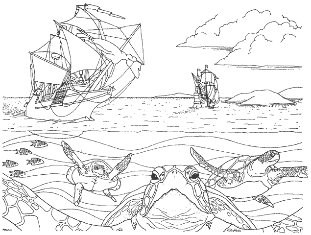 Розмальовки підводний черепахи і кораблі