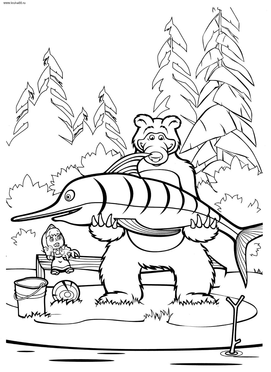 Раскраски Маша и Медведь раскраска для детей, маша и медведь, большая рыба