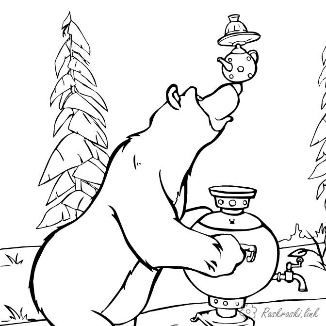Раскраски Маша и Медведь раскраски для детей, миша, чай, самовар 