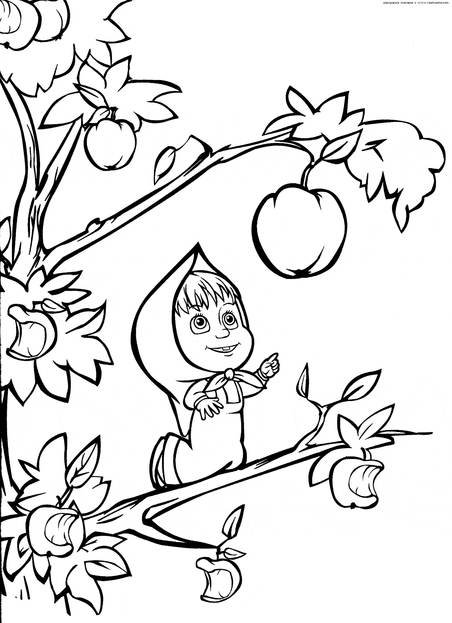 Раскраски Яблоки  Маша, яблоко, дерево, Маша и Медведь, раскраски детские