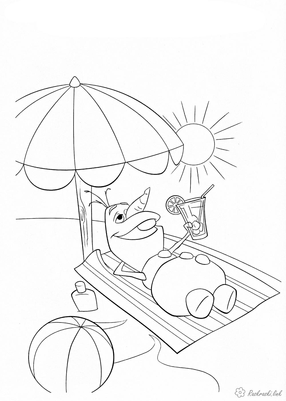Розмальовки дісней Олаф, літо. сонце, пляж, коктейль, холодне серце, розмальовки