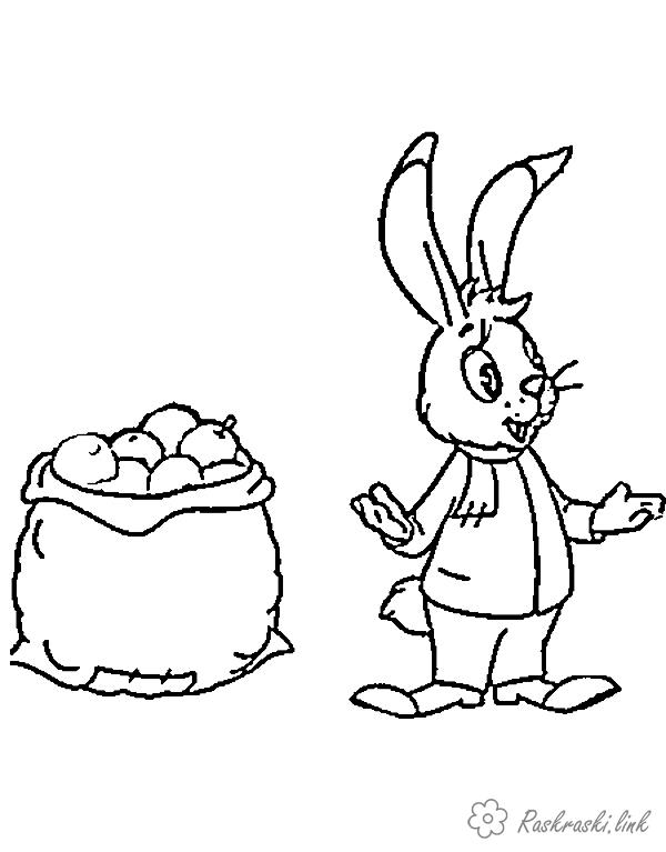 Раскраски Яблоки  Кролик, яблоки, корзинка, раскраска, для детей