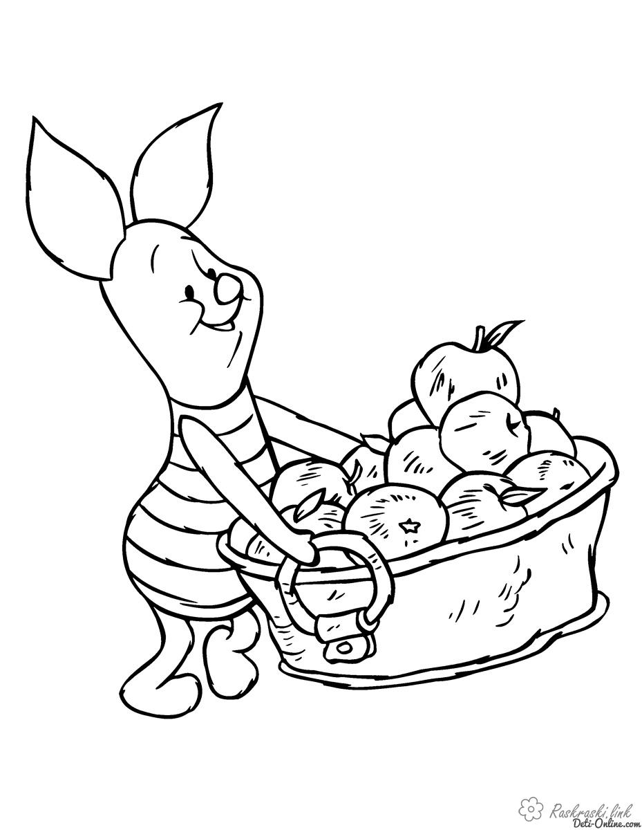Раскраски Яблоки  Пятачок,яблоки, большая корзинка, детские раскраски, для маленьких детей 