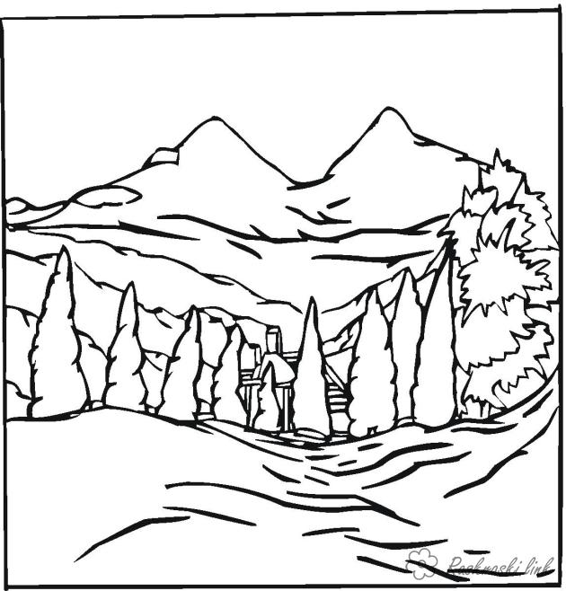 Раскраски Лес и пейзажи раскраска пейзаж на фоне гор,ель,горы,у подножья домик