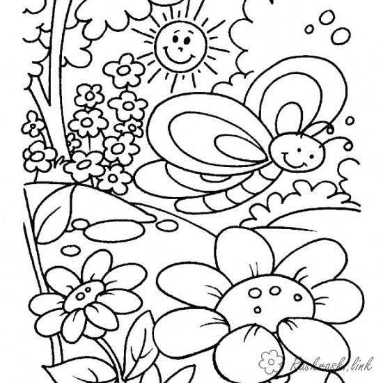 Раскраски Лето раскраска лето бабочка солнце деревья цветочки