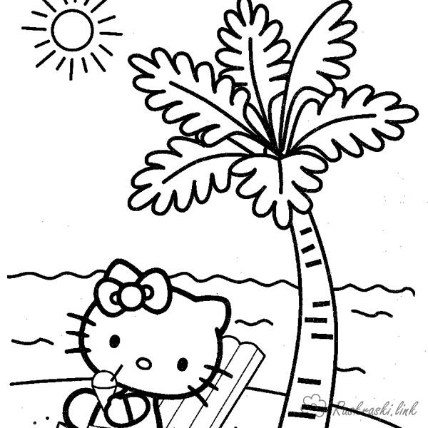 Раскраски Лето раскраска лето пляж котенок пальма солнце