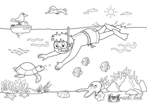 Раскраски Лето раскраска лето озеро водолаз черепаха кораблик