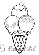Раскраски Торты и пирожные  раскраска мороженное с тремя шариками в стаканчике