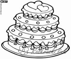 Раскраски Торты и пирожные  раскраска торт с сердечками,трехэтажный торт