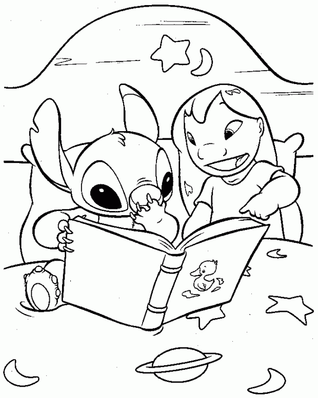 Розмальовки стіч Ліло і Стіч читають книгу на ліжку