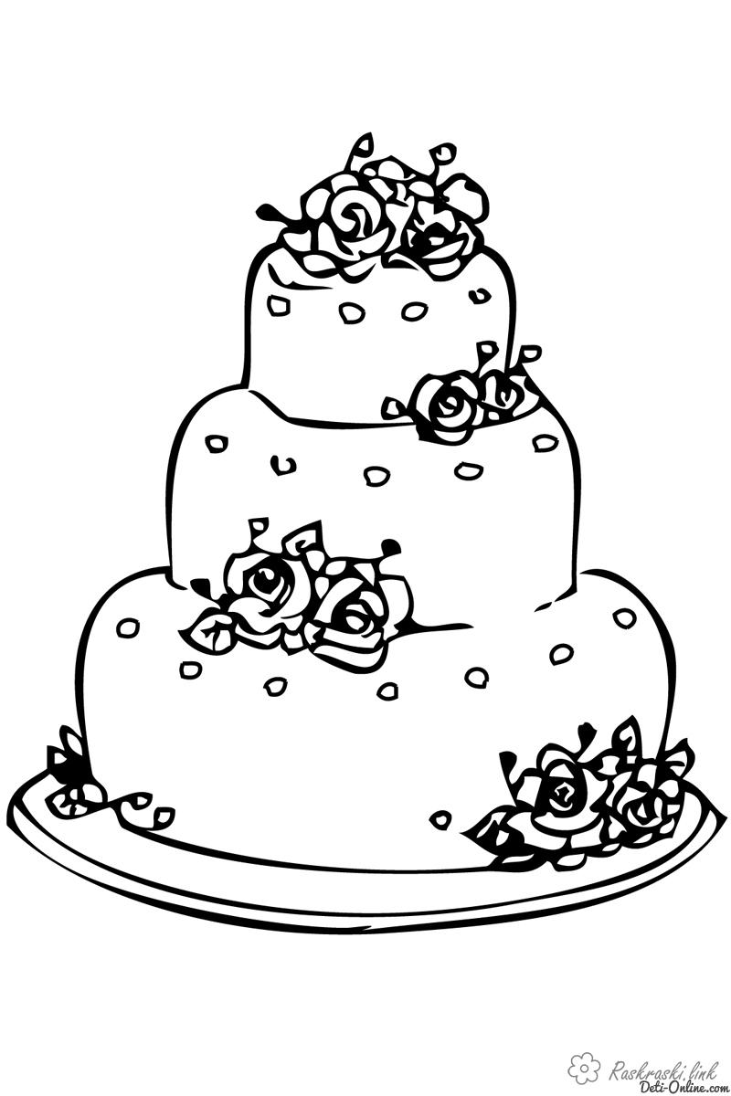 Раскраски Торты и пирожные  Красивый, розовый, свадебный, торт, с розочками, раскраска
