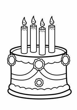 Раскраски Торты и пирожные  Праздничный, торт, четыре свечи, раскраска