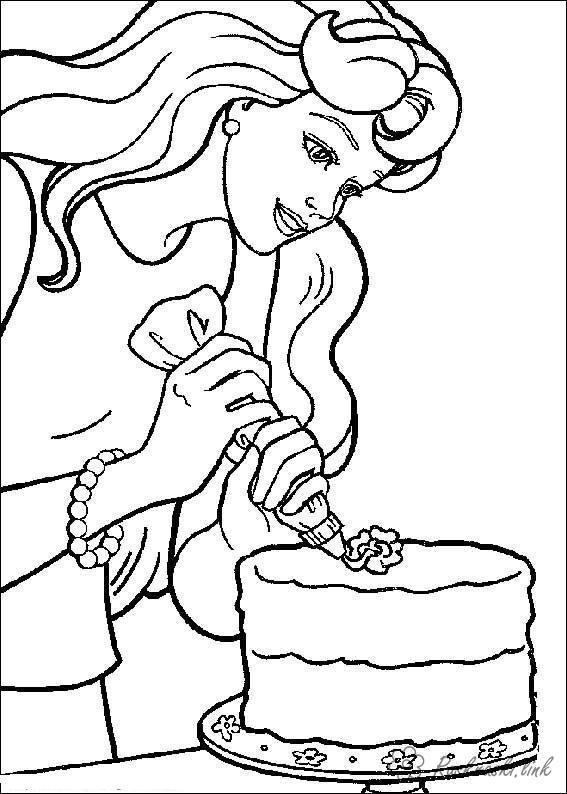 Раскраски Торты и пирожные  Девушка украшает, торт, розочка, глазурь, раскраска