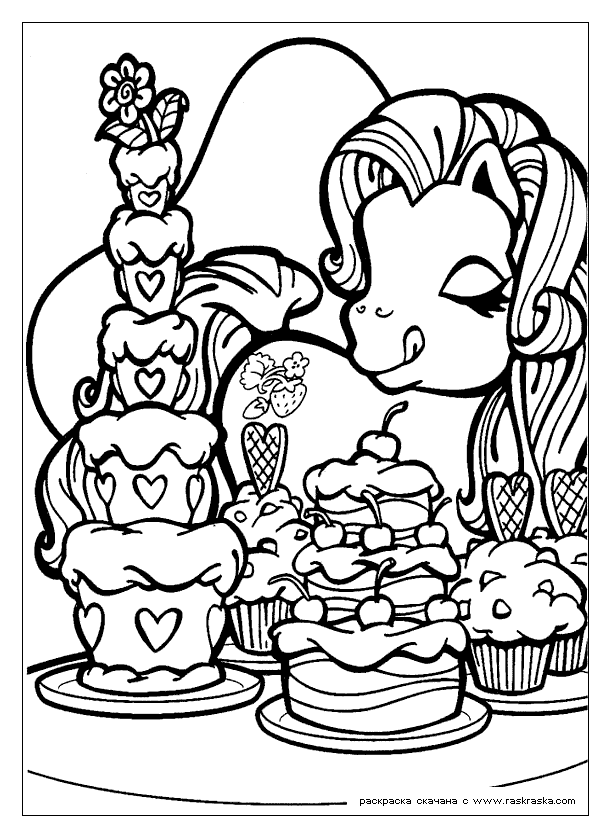 Раскраски Торты и пирожные  Маленький пони, готов насладиться тортом, раскраска 