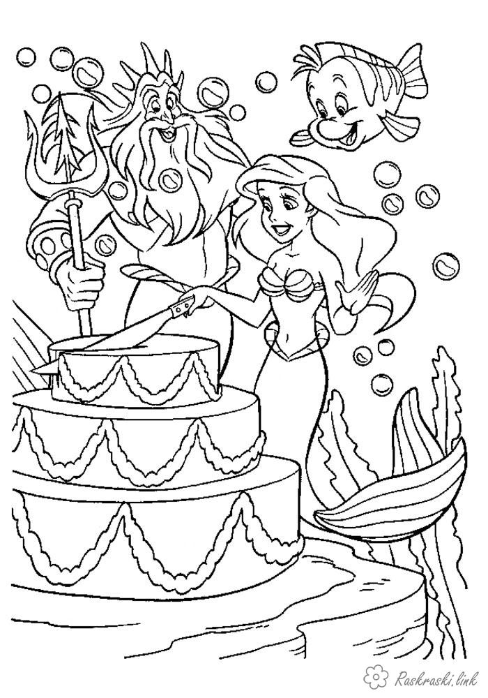 Раскраски Торты и пирожные  Русалочка, день рождения, справляет, раскраска