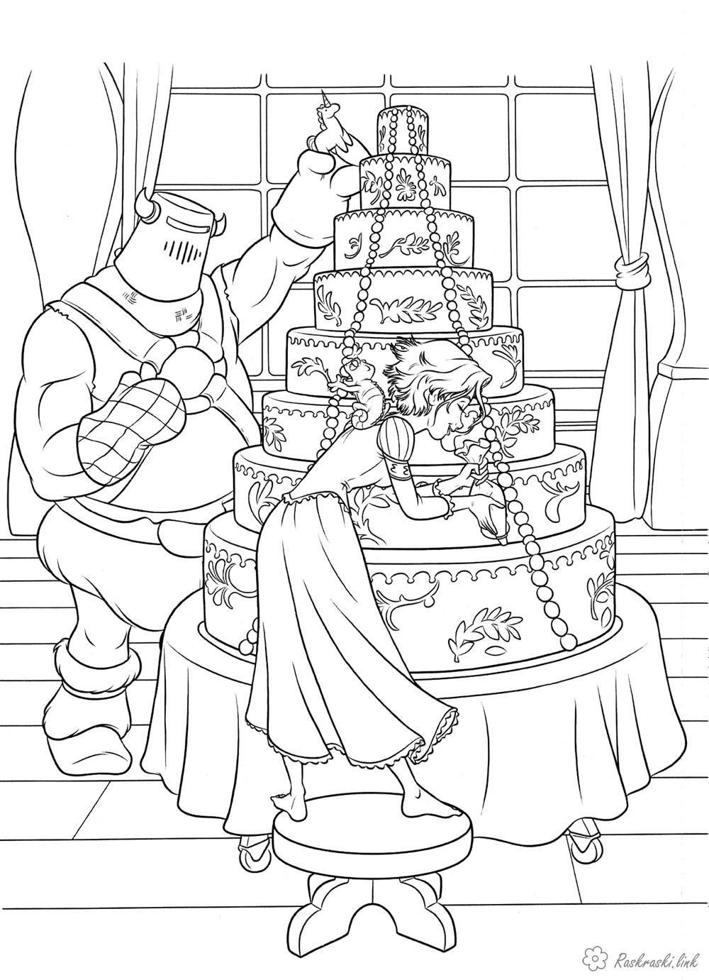 Раскраски Торты и пирожные  Рапунцель, свадебный торт, украшает, раскраска