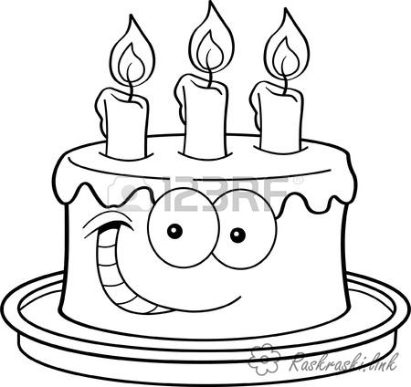 Раскраски Торты и пирожные  Радостный, праздничный, торт, с тремя свечами, раскраска