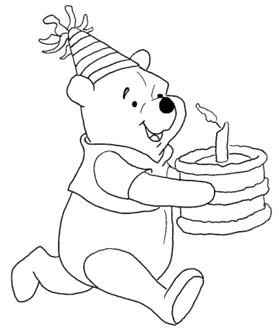 Раскраски Торты и пирожные  Винни-пух, спешит к друзьям, день рождения, раскраска