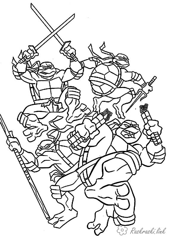Розмальовки Черепашки ніндзя черепашки ніндзя, розмальовки, розмальовки хлопчикам, teenage mutant ninja turtles, бій, битва